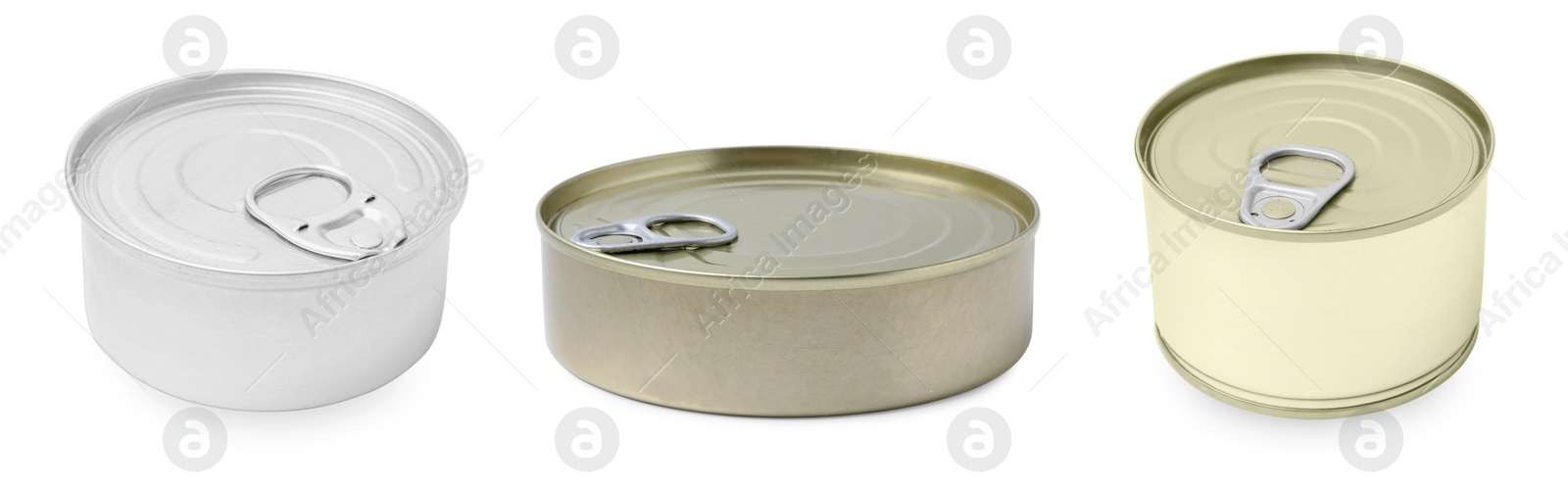 Image of Set of different metal cans on white background