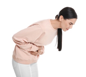 Woman suffering from stomach ache on white background. Food poisoning
