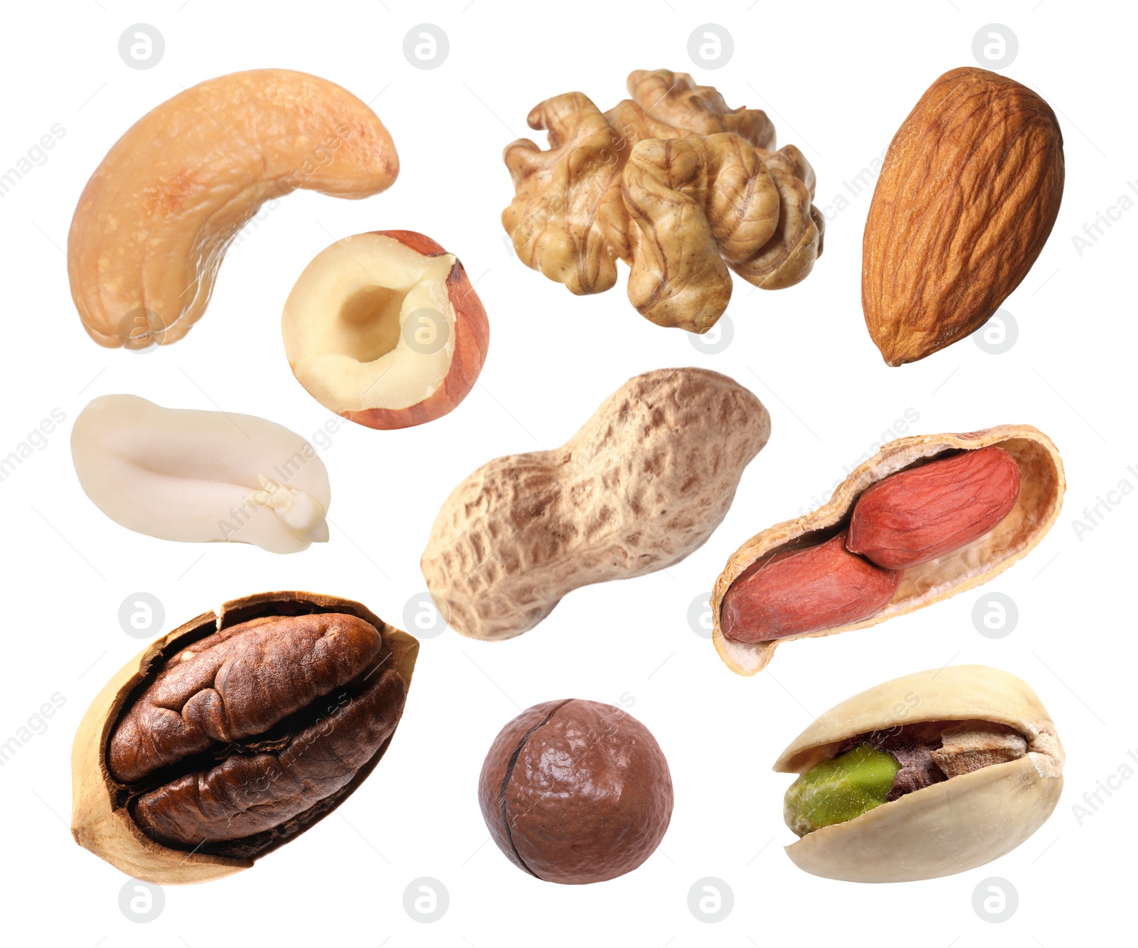 Image of Many different nuts isolated on white, set