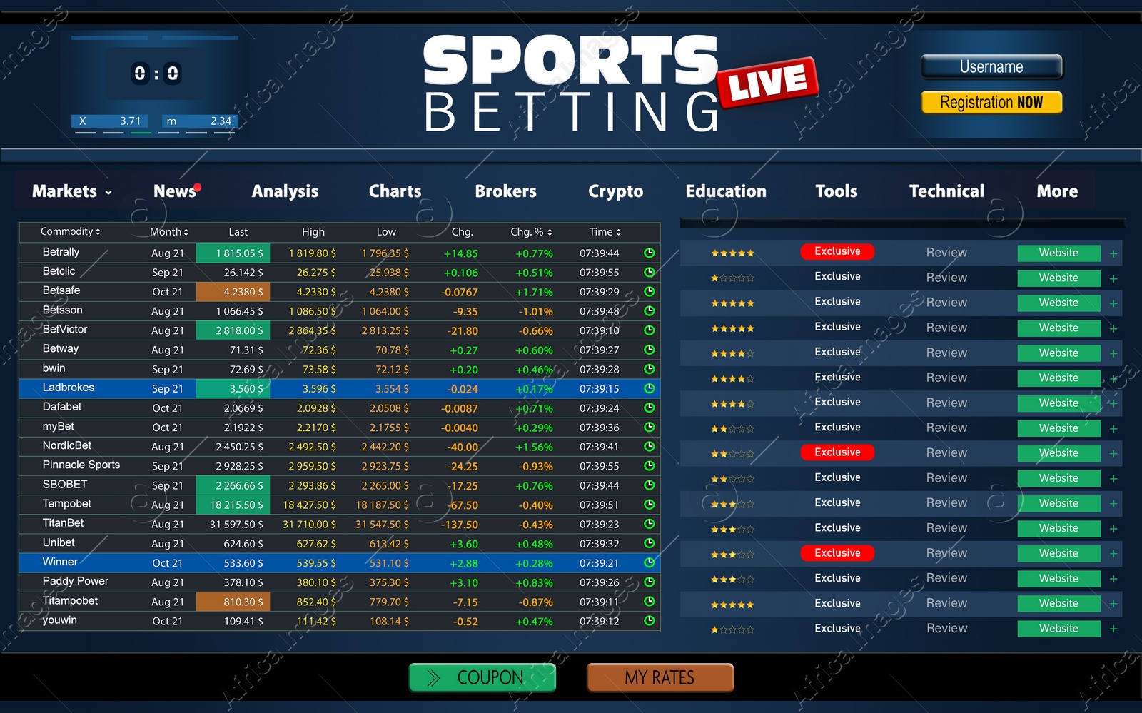 Illustration of Page of sports betting site with data