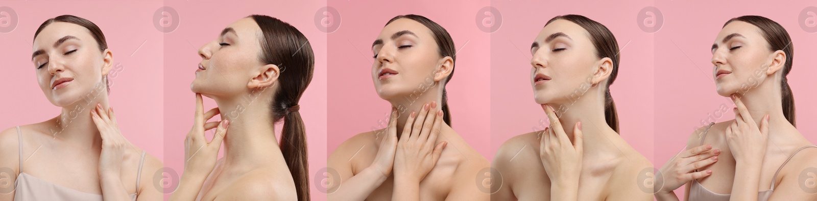 Image of Woman touching her neck on pink background, set of photos