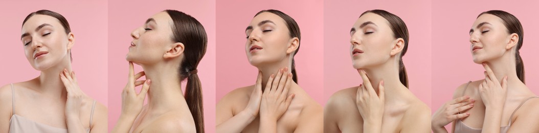 Woman touching her neck on pink background, set of photos