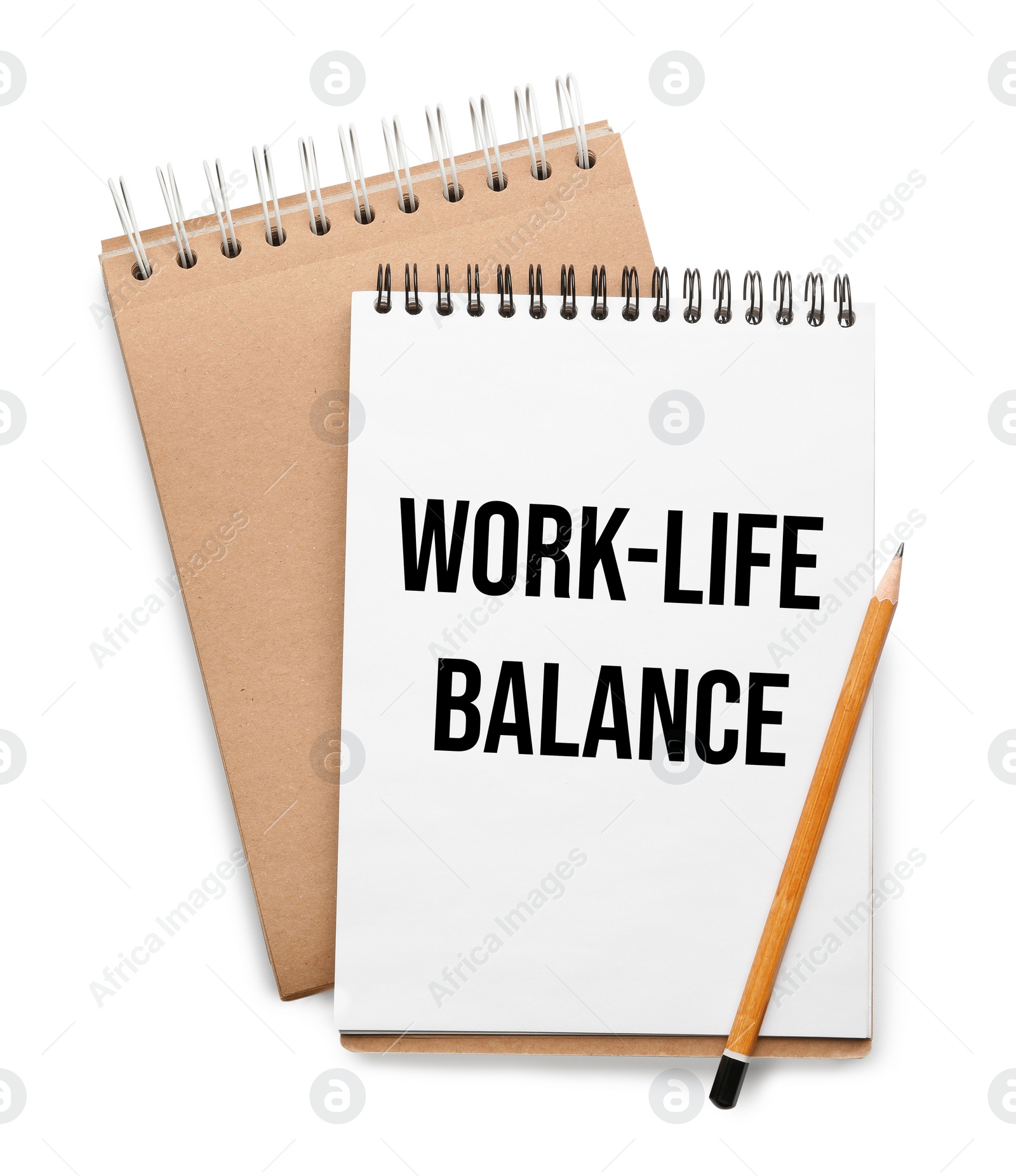 Image of Work-life balance concept. Stylish notebooks and pencil on white background, top view