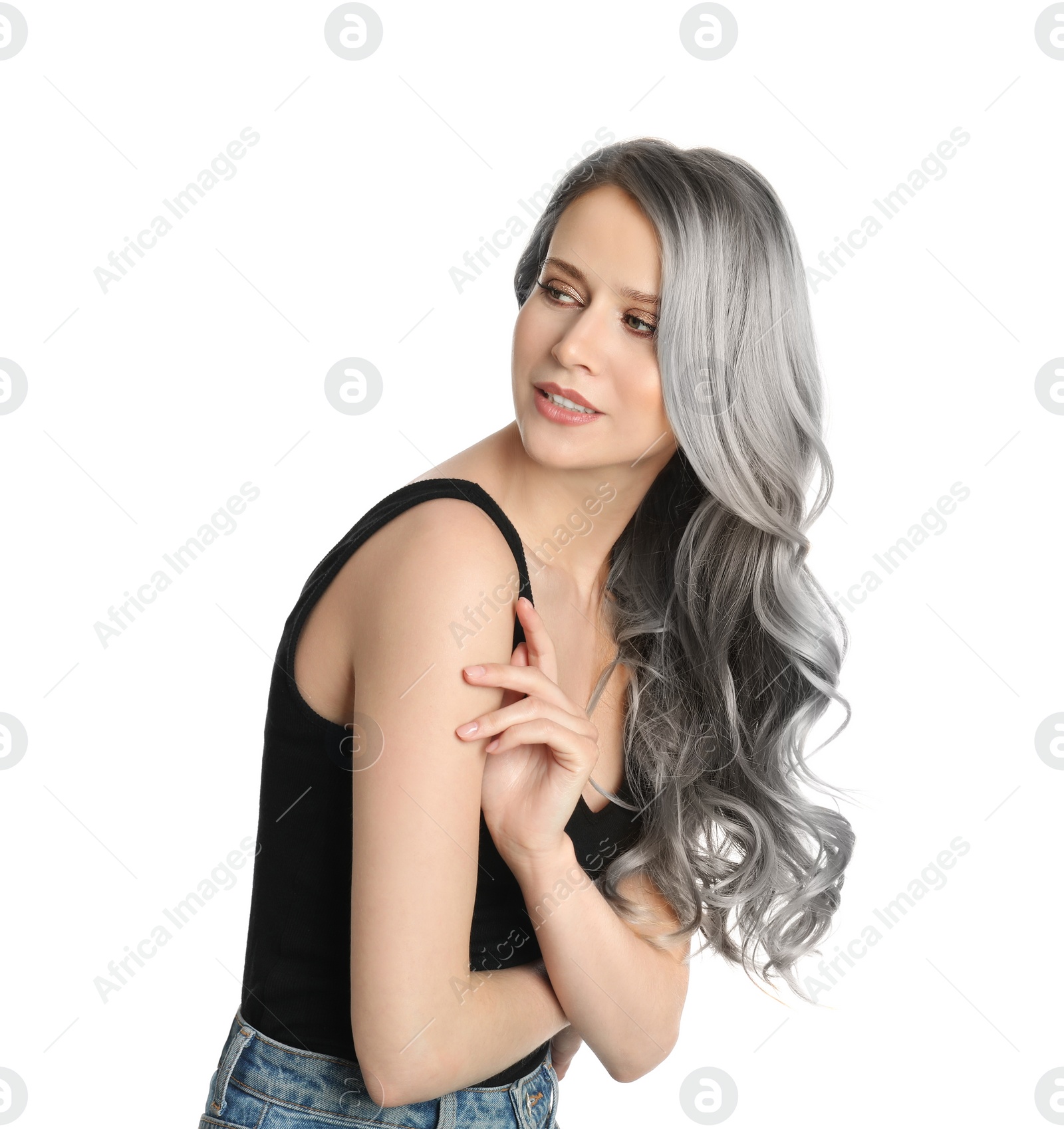 Image of Beautiful woman with ash hair color posing on white background