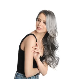 Beautiful woman with ash hair color posing on white background