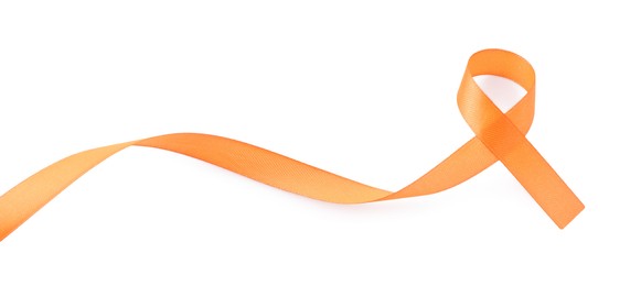 Photo of Orange awareness ribbon isolated on white, top view
