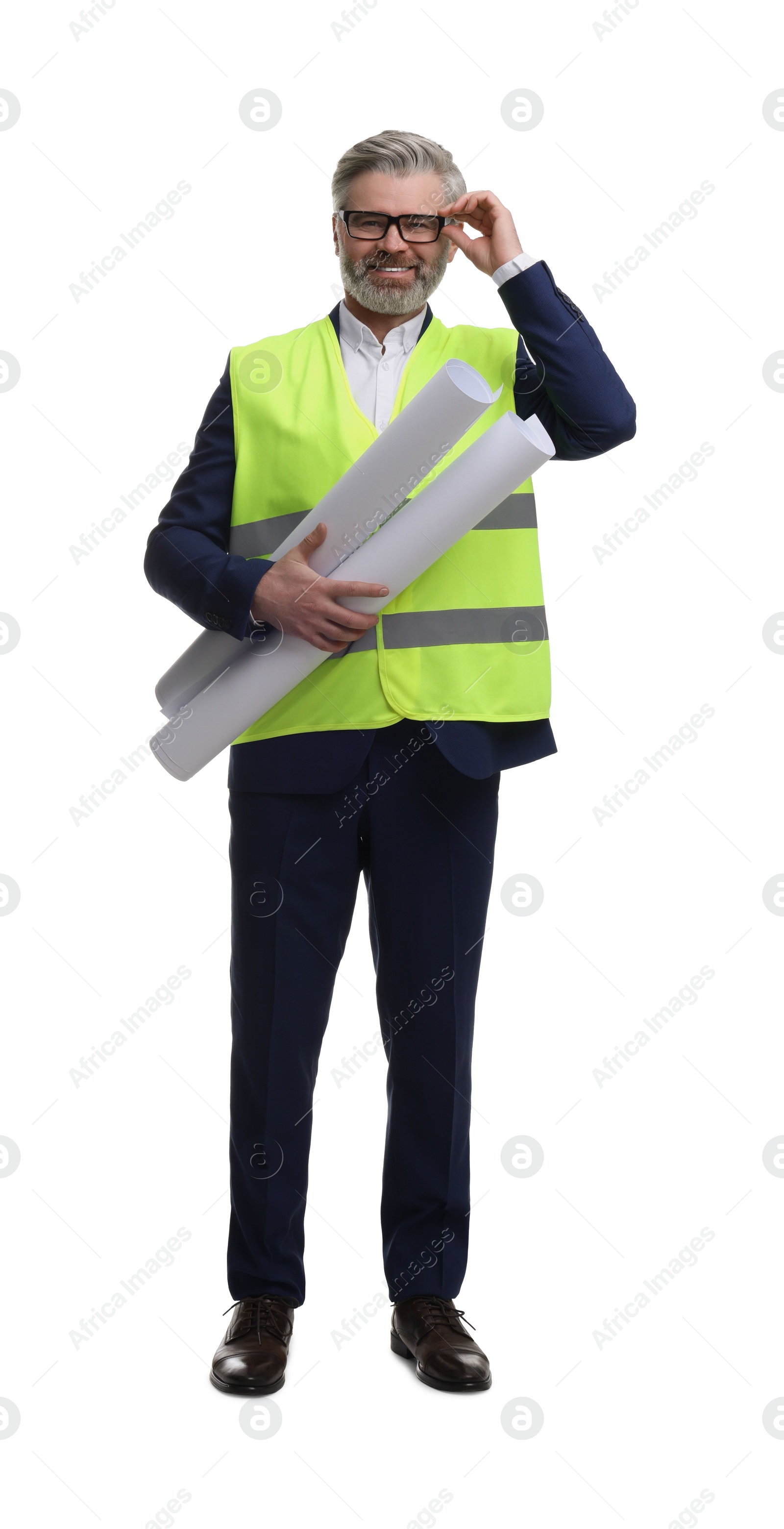 Photo of Architect in glasses holding drafts on white background