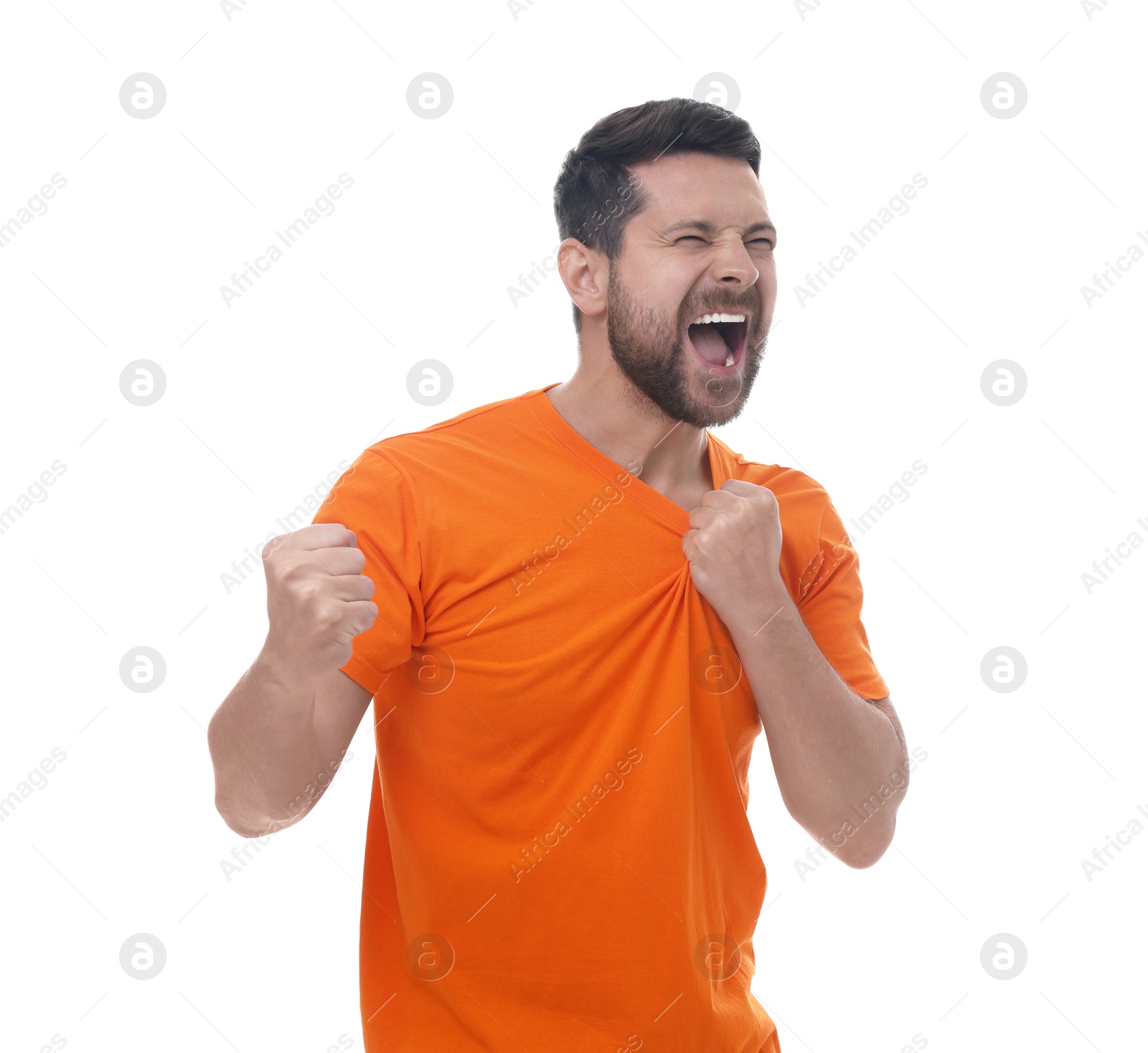 Photo of Emotional sports fan celebrating on white background