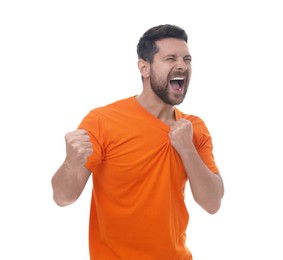 Emotional sports fan celebrating on white background