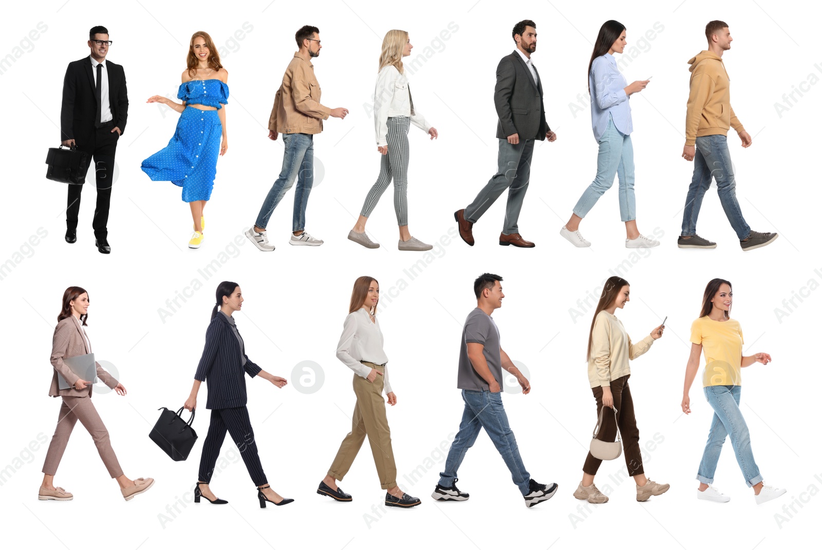 Image of Collage with photos of people wearing stylish outfit walking on white background
