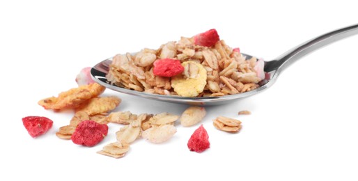 Photo of Spoon with granola on white background. Healthy snack