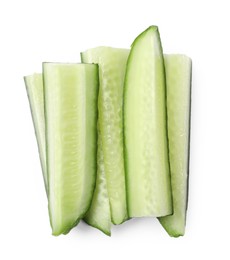 Photo of Pieces of fresh cucumber isolated on white, top view