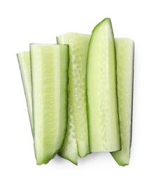 Pieces of fresh cucumber isolated on white, top view