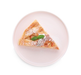 Slice of traditional apple pie on white background, top view
