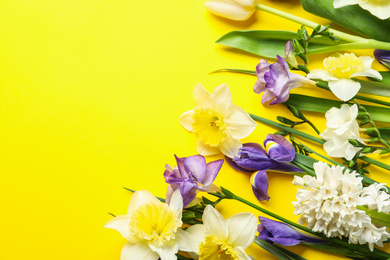 Photo of Flat lay composition with spring flowers on yellow background. Space for text