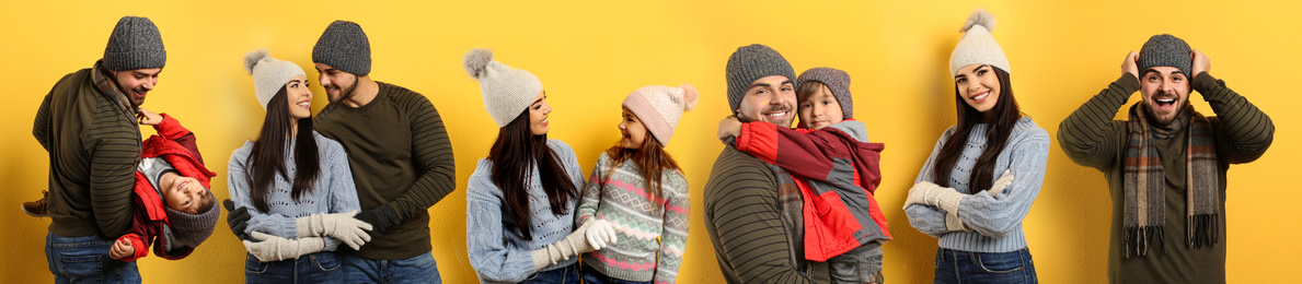 Collage with photos of people wearing warm clothes on yellow background, banner design. Winter vacation