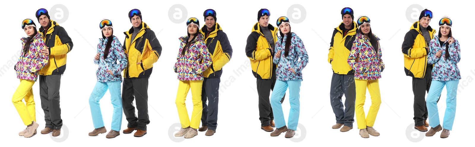 Image of Collage of couple wearing winter sports clothes on white background. Banner design 