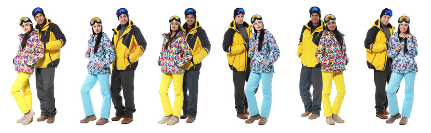 Image of Collage of couple wearing winter sports clothes on white background. Banner design 
