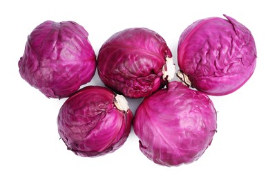 Photo of Fresh ripe red cabbages on white background, top view