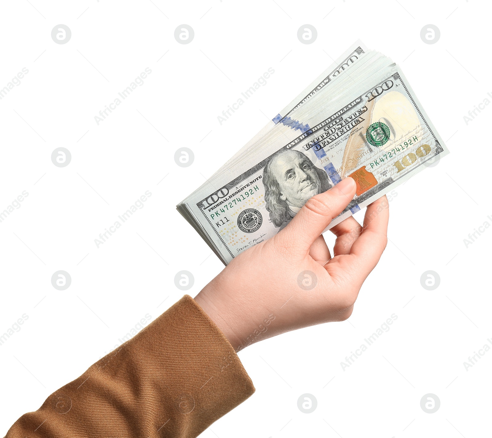 Photo of Money exchange. Woman holding dollar banknotes on white background, closeup