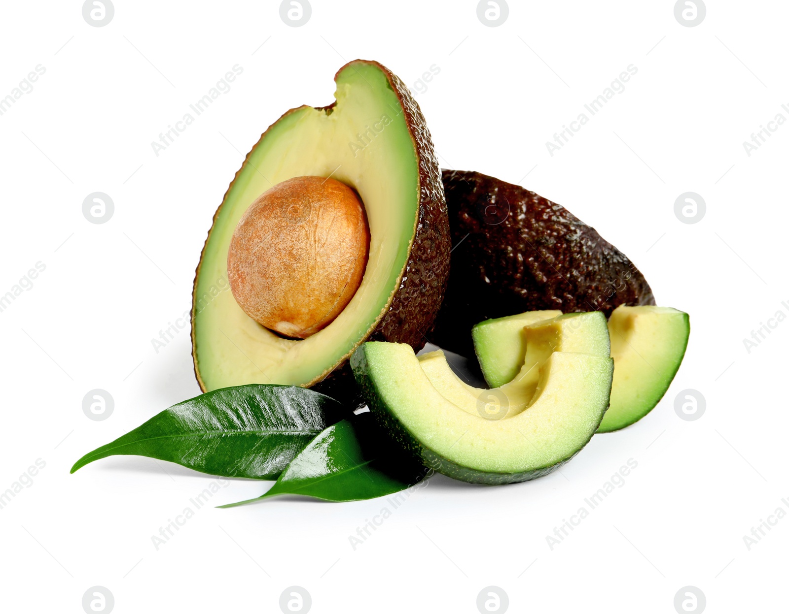 Photo of Ripe fresh avocados on white background