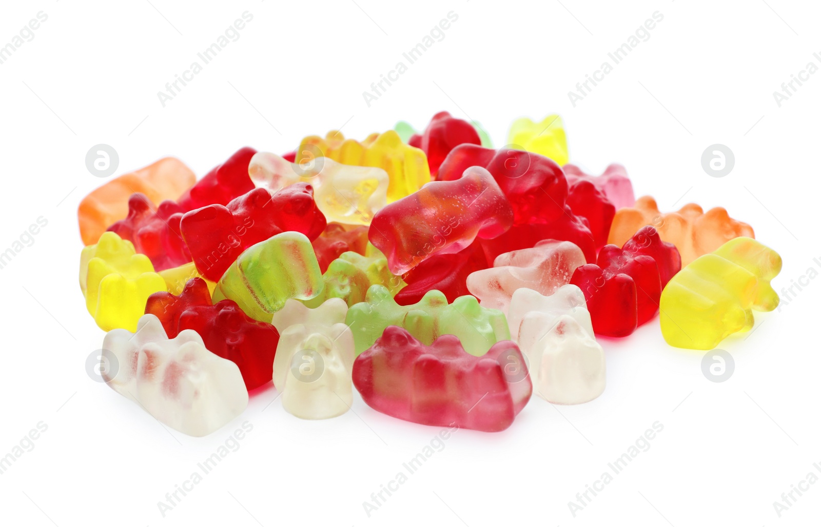 Photo of Pile of delicious jelly bears on white background