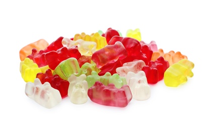 Pile of delicious jelly bears on white background