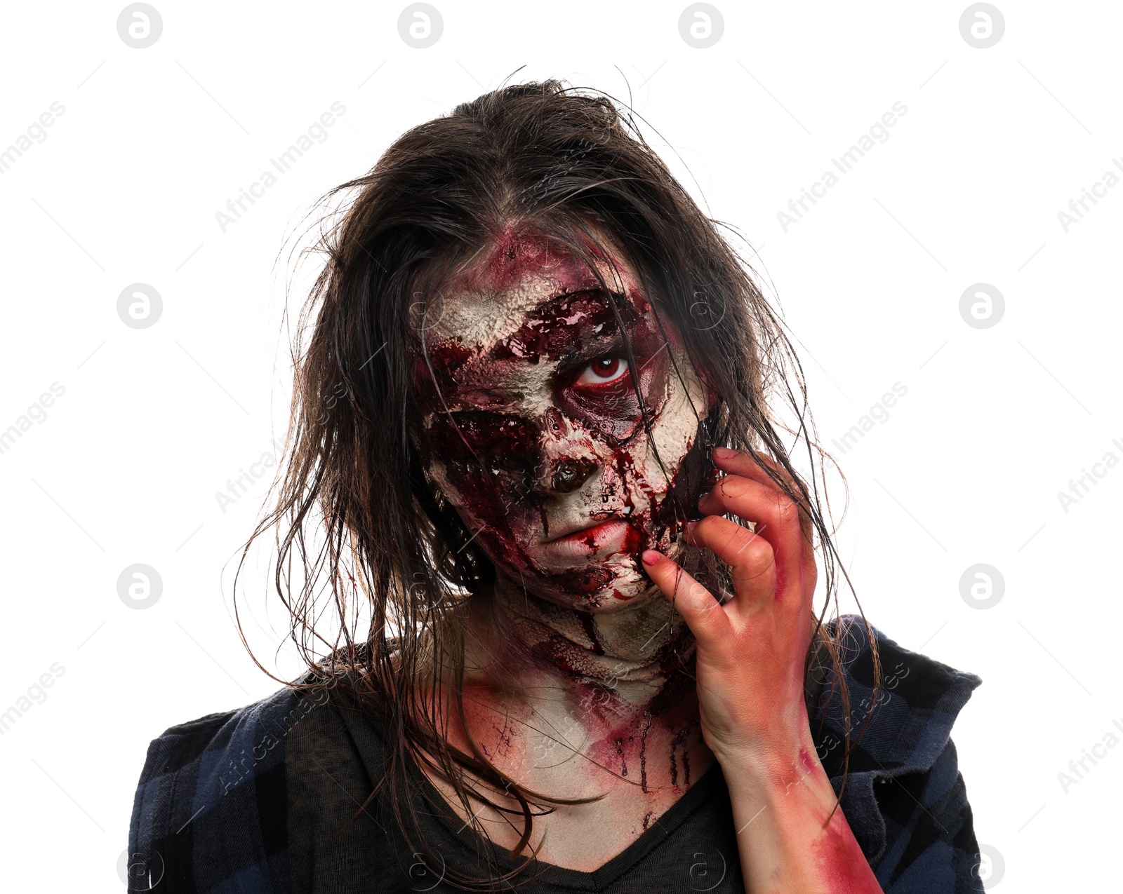 Photo of Scary zombie on white background. Halloween monster