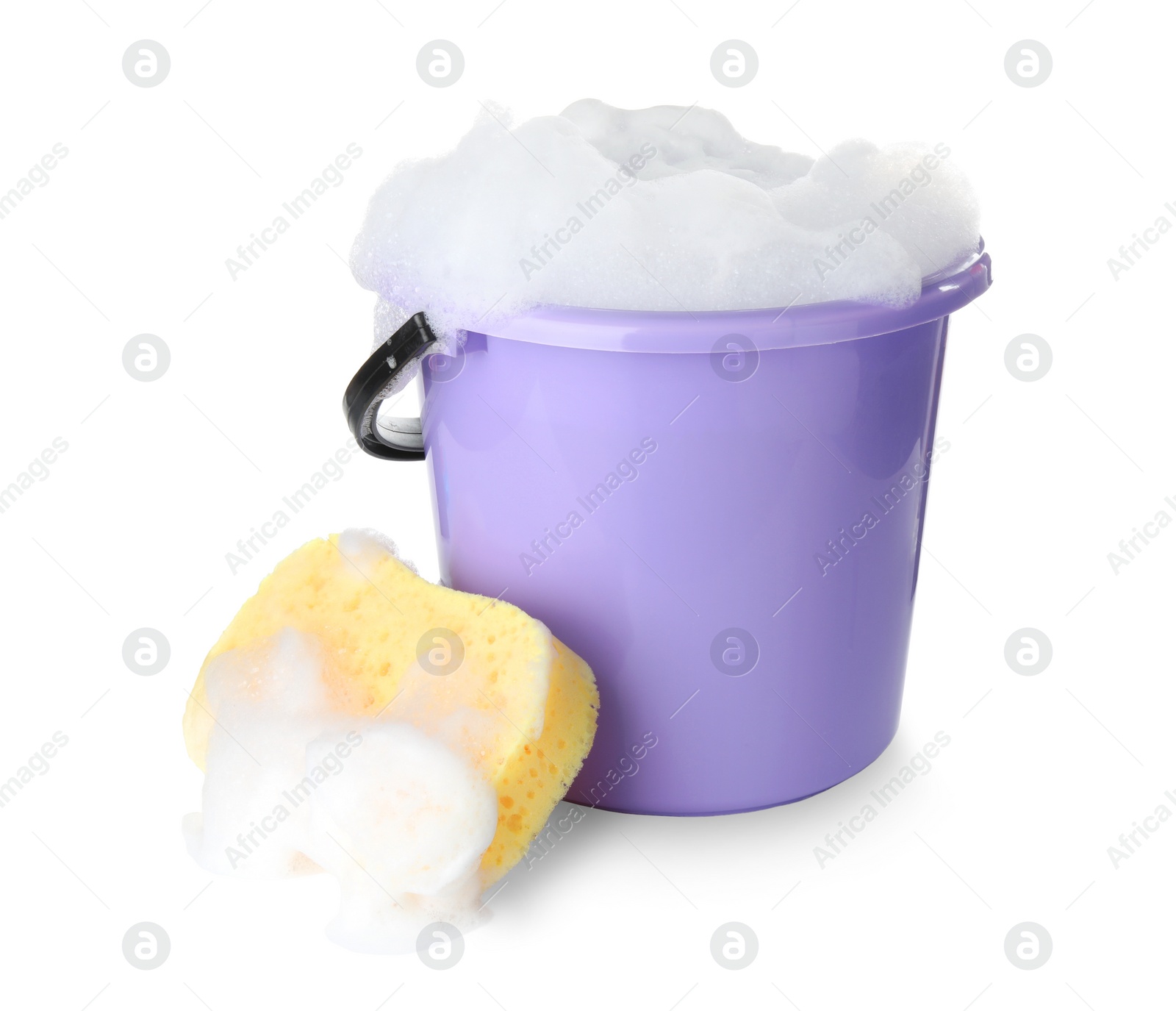 Photo of Bucket with foam and sponge isolated on white