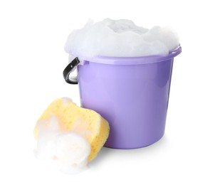 Bucket with foam and sponge isolated on white