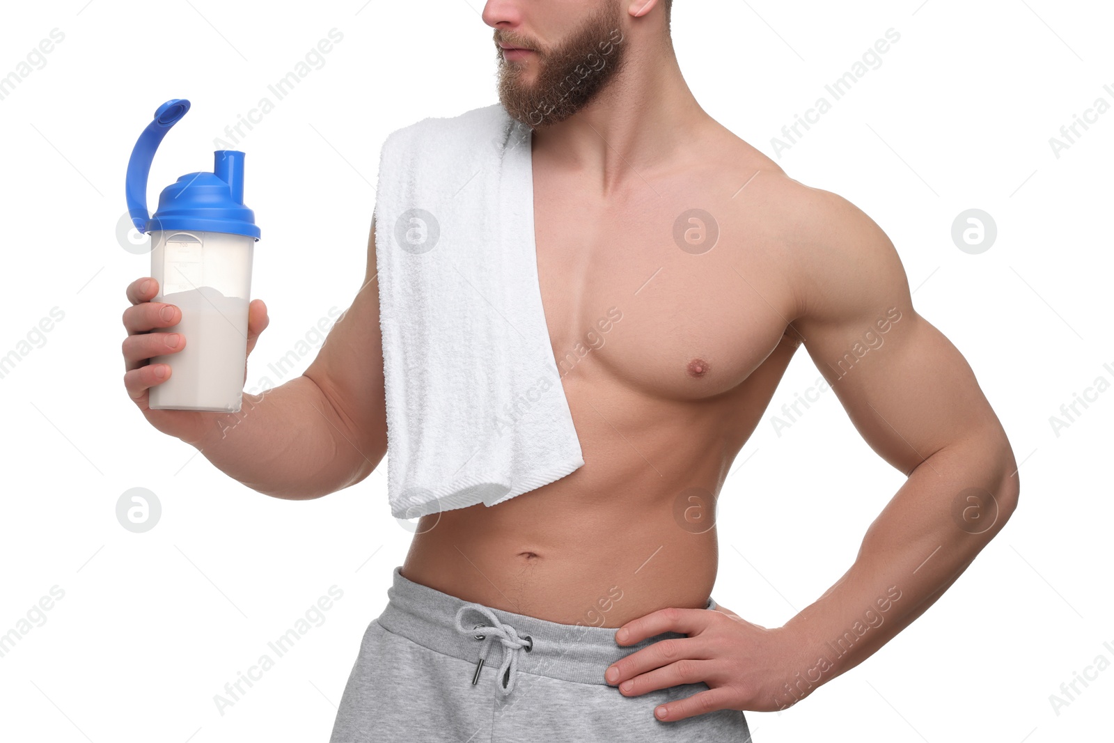 Photo of Young man with muscular body holding shaker of protein and towel on white background, closeup