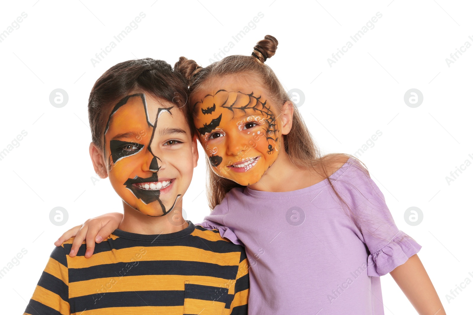 Photo of Cute little children with face painting on white background