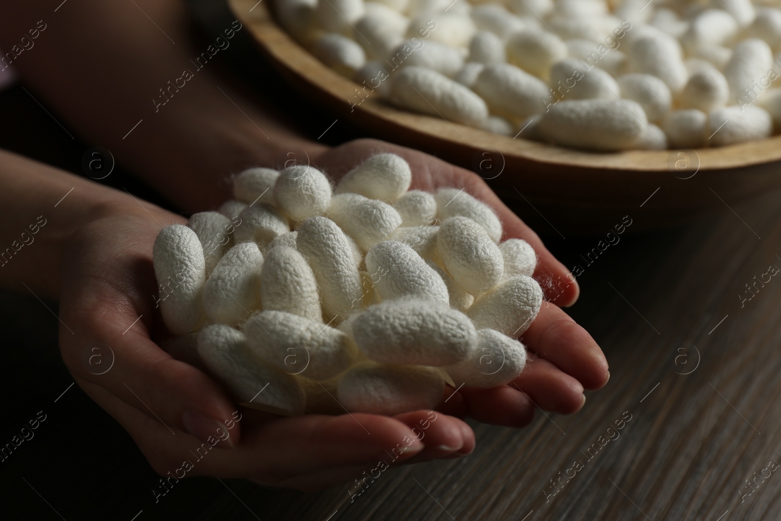 Photo of Woman holding white silk cocoons over bowl at wooden table, closeup