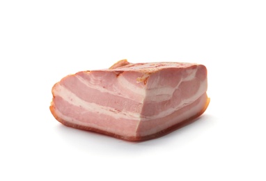 Photo of Piece of belly bacon on white background. Meat delicacy