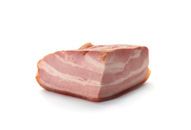 Piece of belly bacon on white background. Meat delicacy