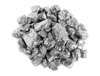 Photo of Pile of silver nuggets isolated on white, top view