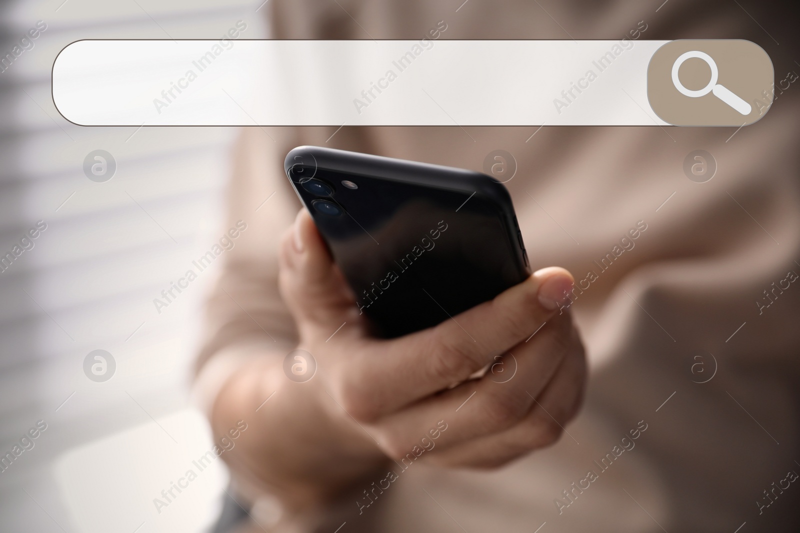 Image of Search bar of internet browser and woman using smartphone indoors, closeup