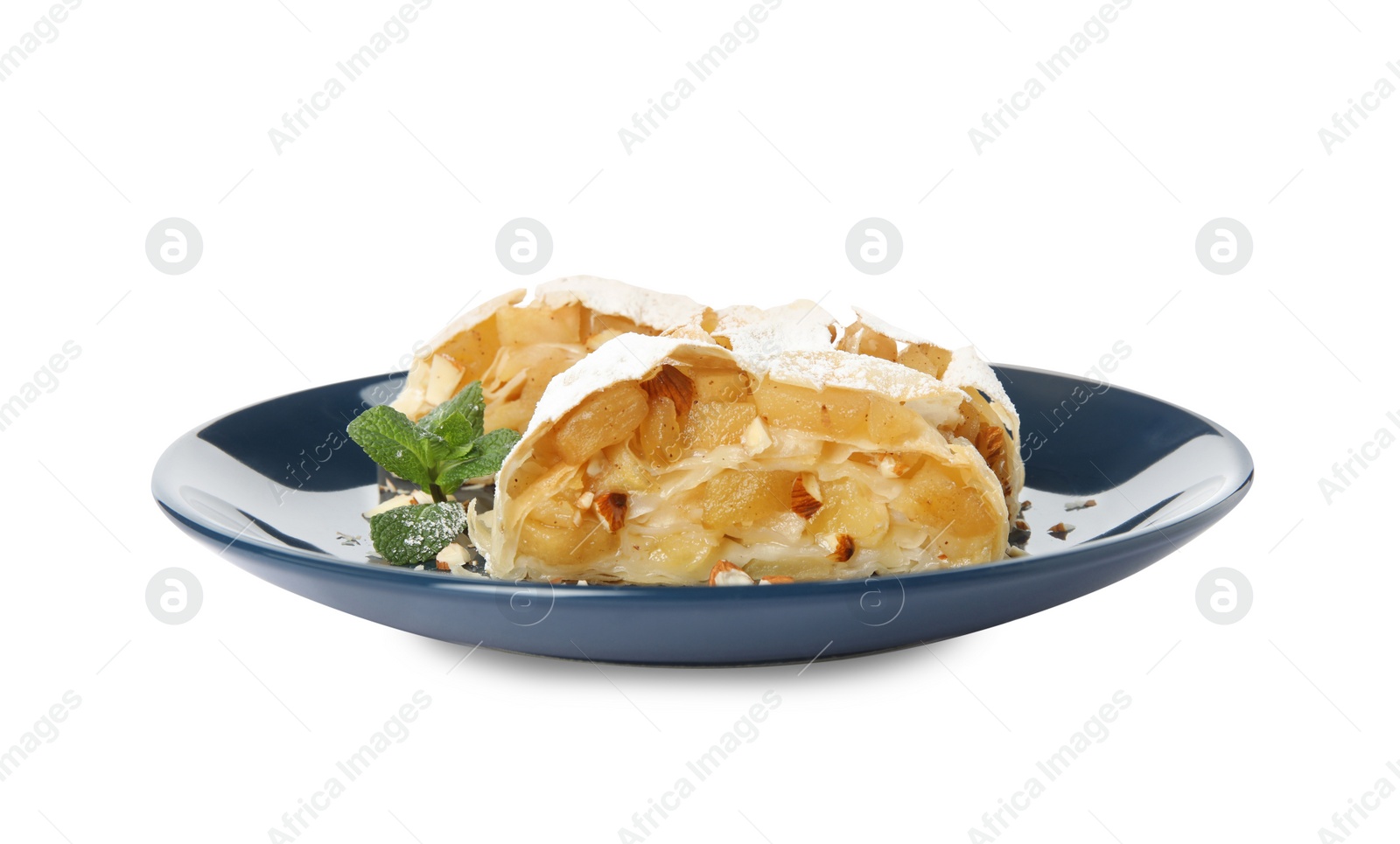 Photo of Delicious apple strudel with almonds, powdered sugar and mint on white background