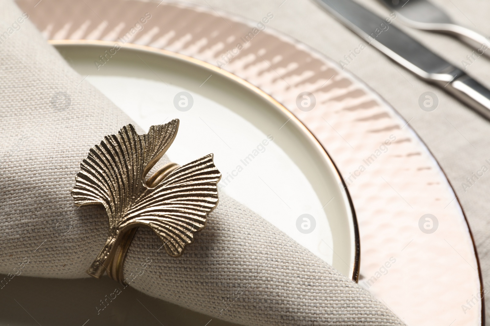 Photo of Fabric napkin and decorative ring on plate, closeup