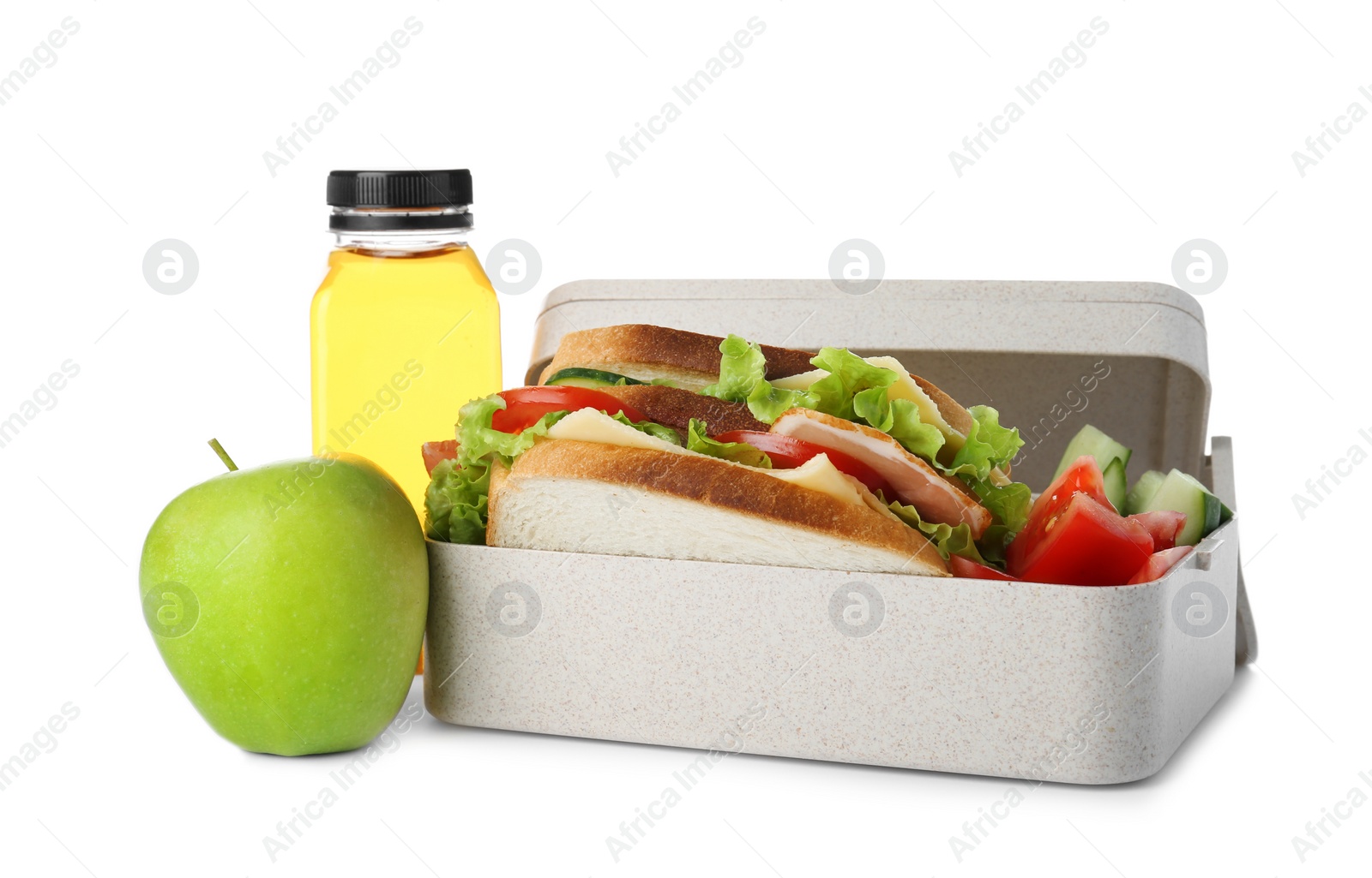 Photo of Lunch box with healthy food for schoolchild on white background