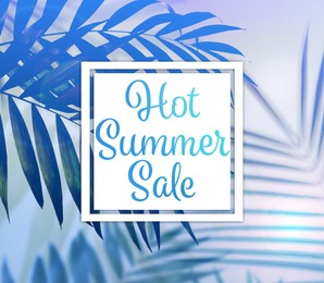 Image of Flyer design with blue palm leaves and text Hot Summer Sale