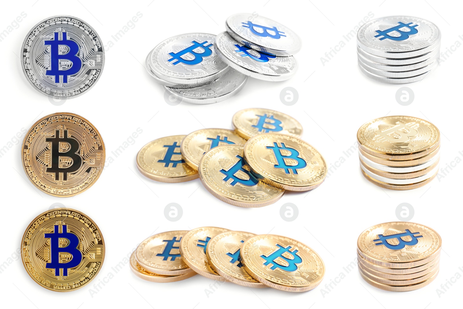 Image of Collage with different bitcoins on white background