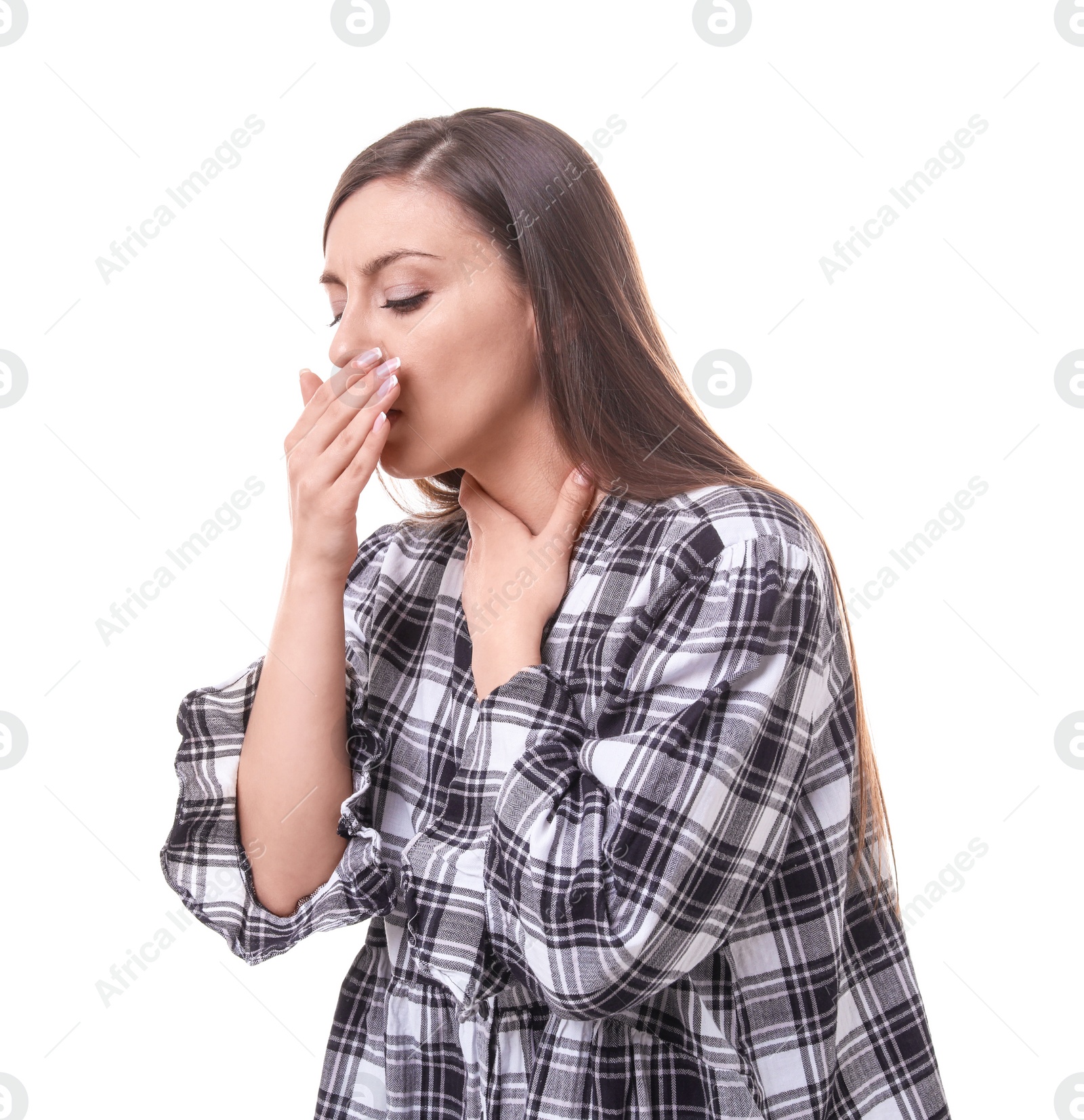 Photo of Young woman coughing on white background