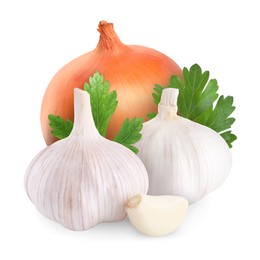 Image of Garlic, yellow onion and parsley isolated on white