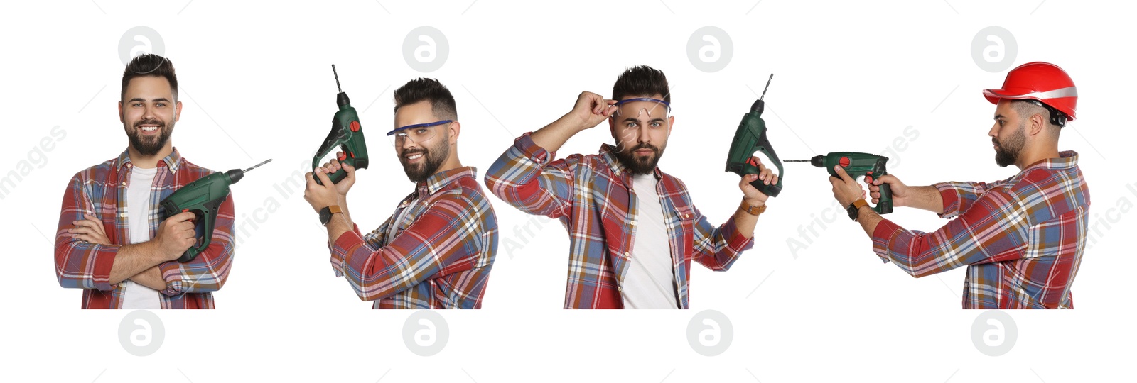 Image of Collage with photos of young worker in uniform with power drill on white background. Banner design