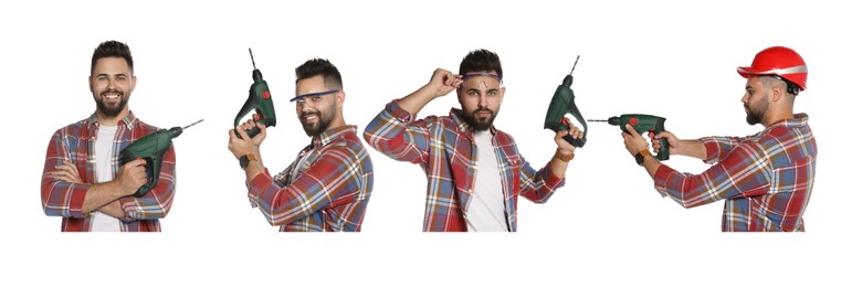 Collage with photos of young worker in uniform with power drill on white background. Banner design