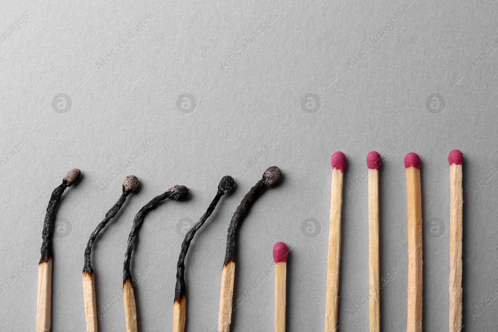 Photo of Burnt and whole matches on light grey background, flat lay. Space for text