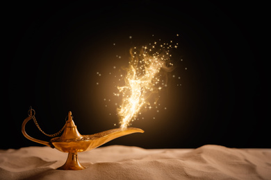 Image of Genie appearing from magic lamp of wishes. Fairy tale