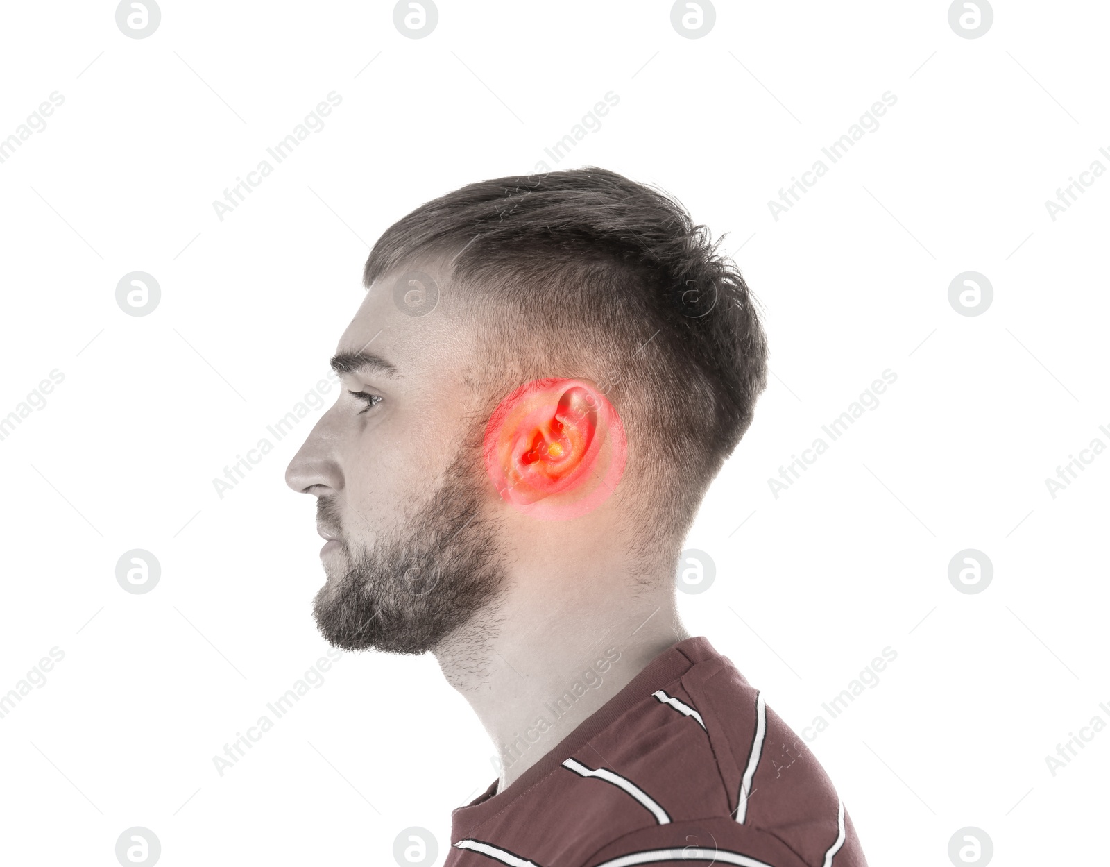 Image of Young man with hearing problem . Black and white tone