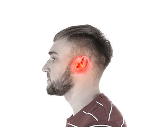 Young man with hearing problem . Black and white tone